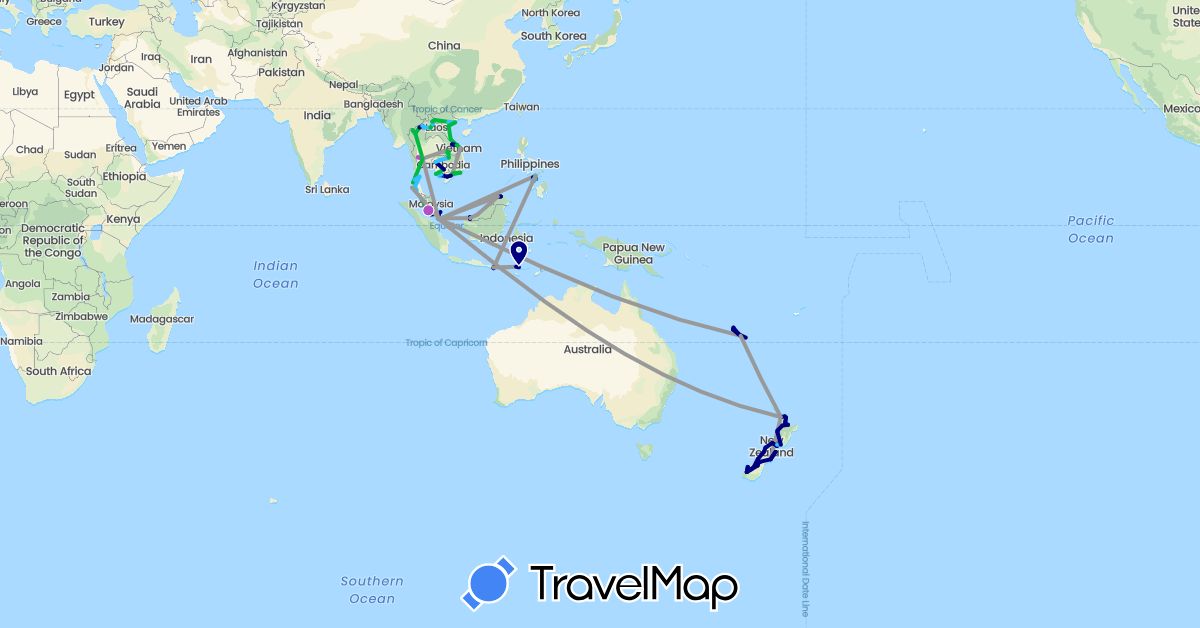 TravelMap itinerary: driving, bus, plane, train, boat, motorbike in France, Indonesia, Cambodia, Laos, Malaysia, New Zealand, Philippines, Singapore, Thailand, Vietnam (Asia, Europe, Oceania)